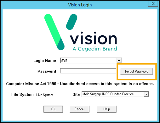 Vision Line User Cannot Update Password Resetting your Password