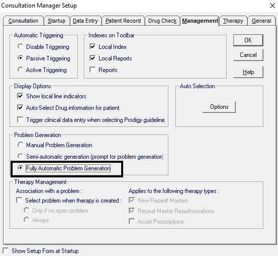 Removal of Fully Automatic Problem Generation option in Consultation Manager Setup