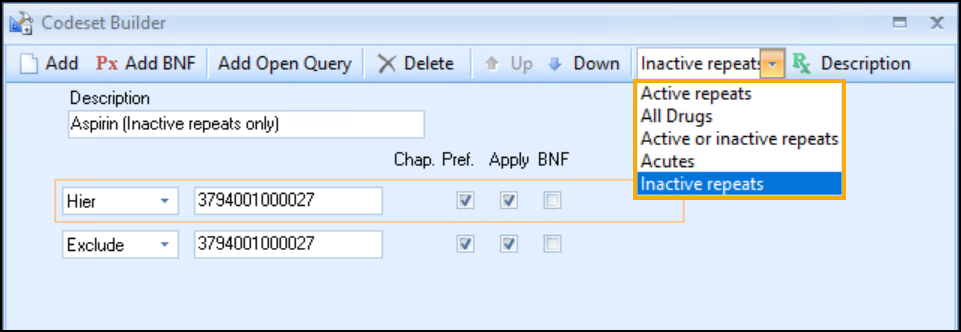 Pathway Authors can choose from a drop-down of options when creating medication or prescribing code sets, including all types of acute or repeat items
