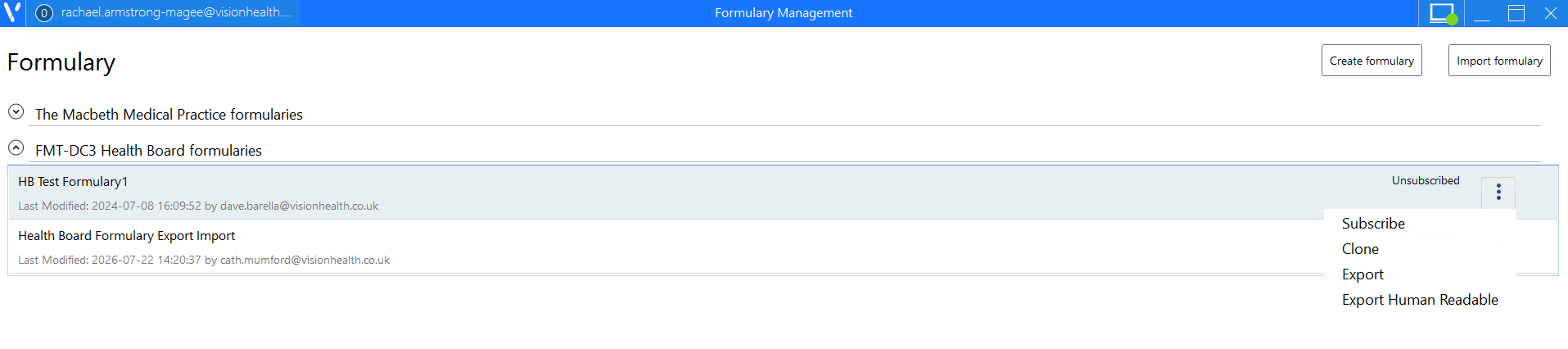 Screenshot of the FMT Formulary screen showing practice and Heath Board formularies
