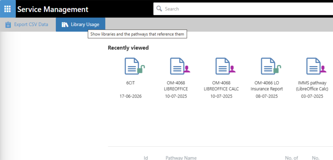 Screenshot of Service Management showung the Library usuage Button activated